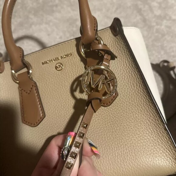 Michael Kors Kris Small Color-Block Pebbled Leather Satchel Cream Tan Beige - Picture 3 of 9